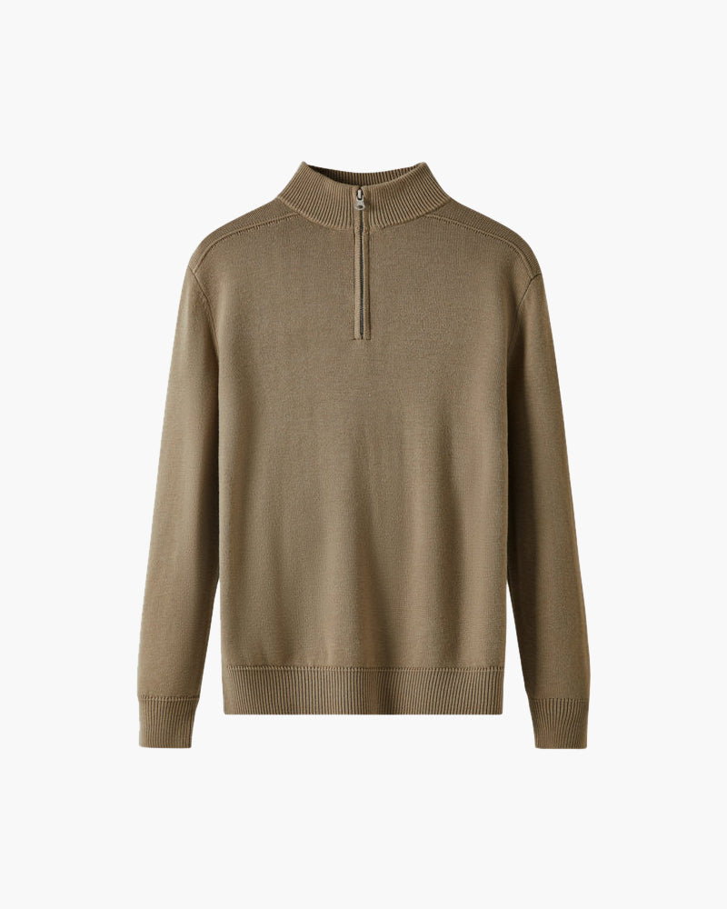 Men's Merino Wool Half-Zip Jumper with Ribbed Collar - Beige