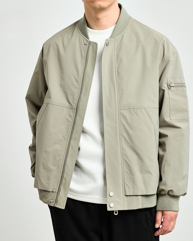 Men's Minimalist Bomber Jacket with Snap Front and Ribbed Trims - Grey