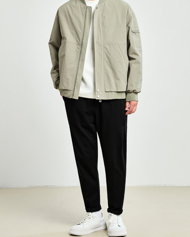 Men's Minimalist Bomber Jacket with Snap Front and Ribbed Trims
