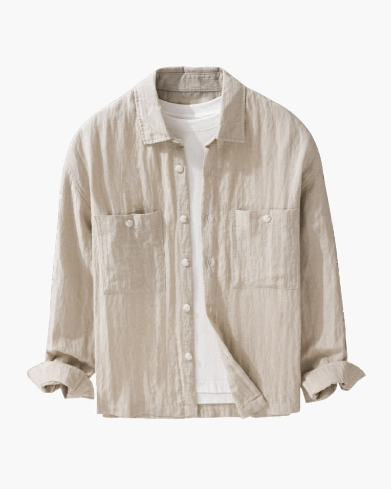 Men's Overshirt with Two Chest Pockets and Relaxed Fit - Beige