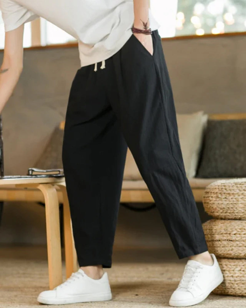 Men's Relaxed Drawstring Trousers with Tapered Leg - Black