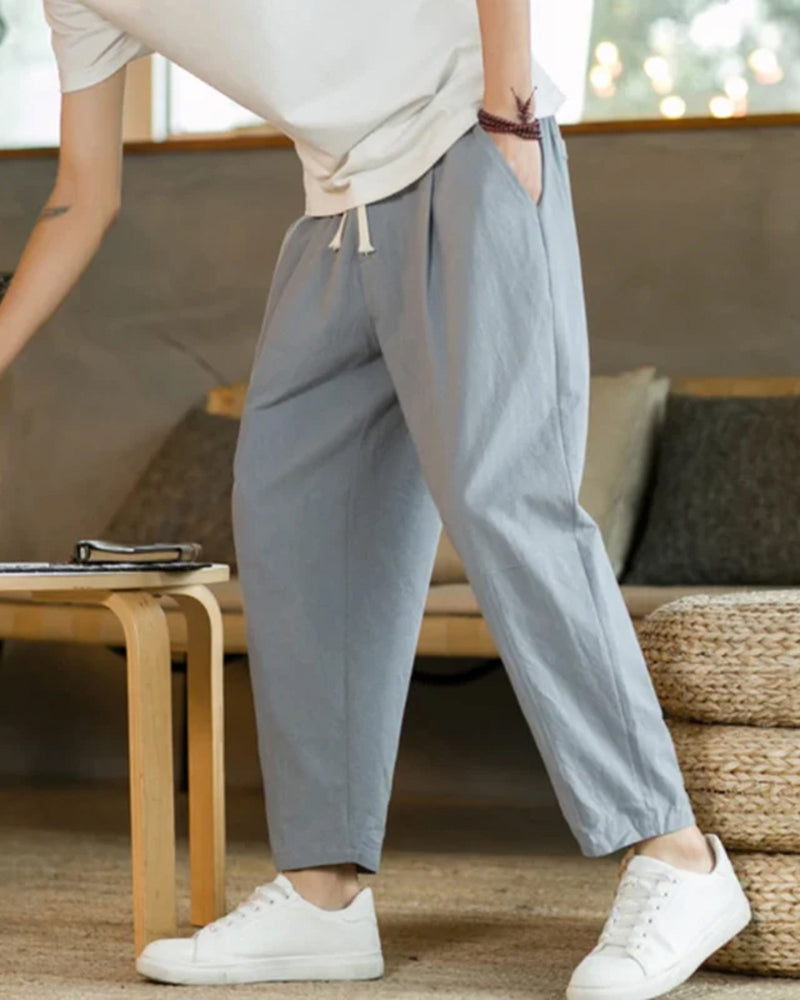 Men's Relaxed Drawstring Trousers with Tapered Leg - Light Grey