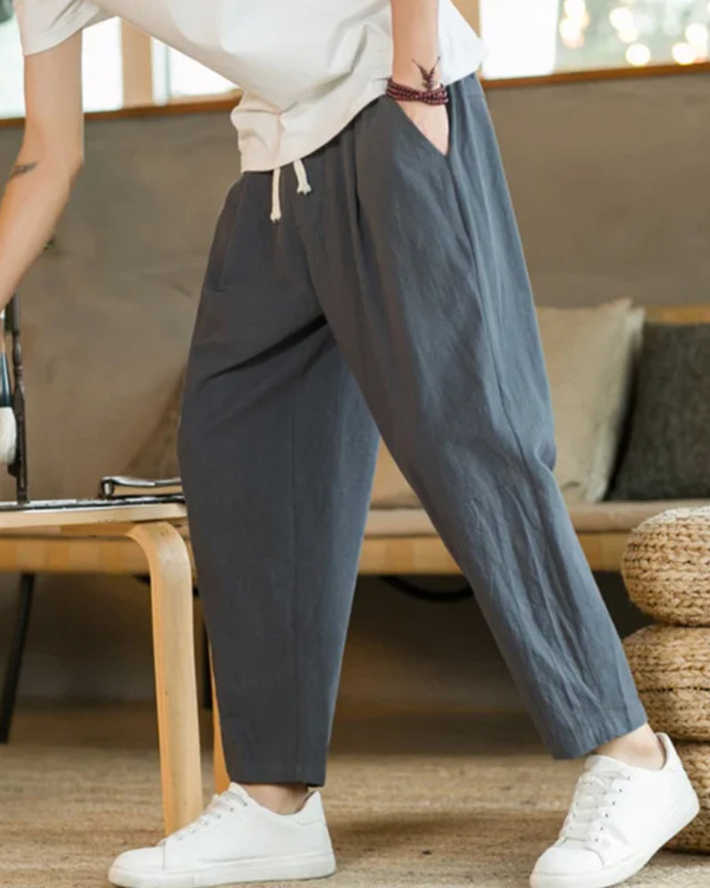 Men's Relaxed Drawstring Trousers with Tapered Leg - Dark Grey