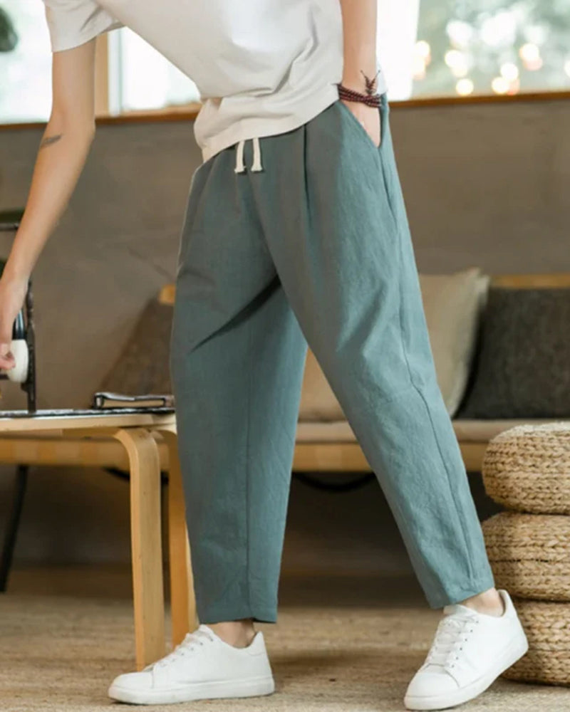 Men's Relaxed Drawstring Trousers with Tapered Leg - Green