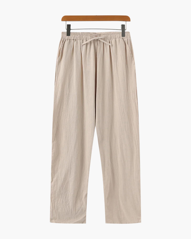 Men's Relaxed Linen Trousers with Drawstring Waist and Straight Leg - Beige