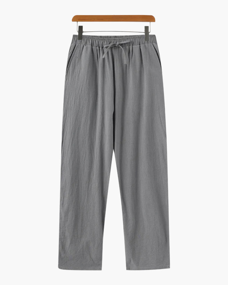 Men's Relaxed Linen Trousers with Drawstring Waist and Straight Leg - Grey