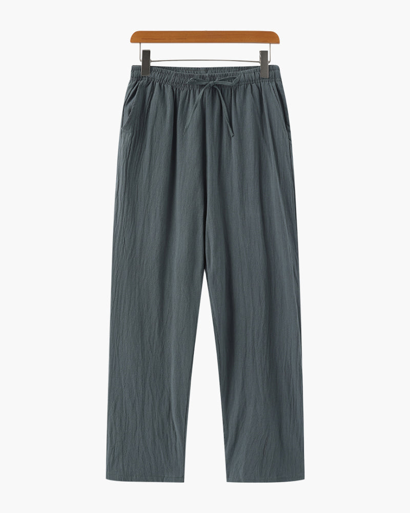Men's Relaxed Linen Trousers with Drawstring Waist and Straight Leg - Green