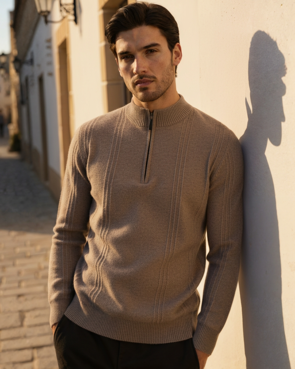 Men's Ribbed Cashmere Half-Zip Jumper with Stand Collar