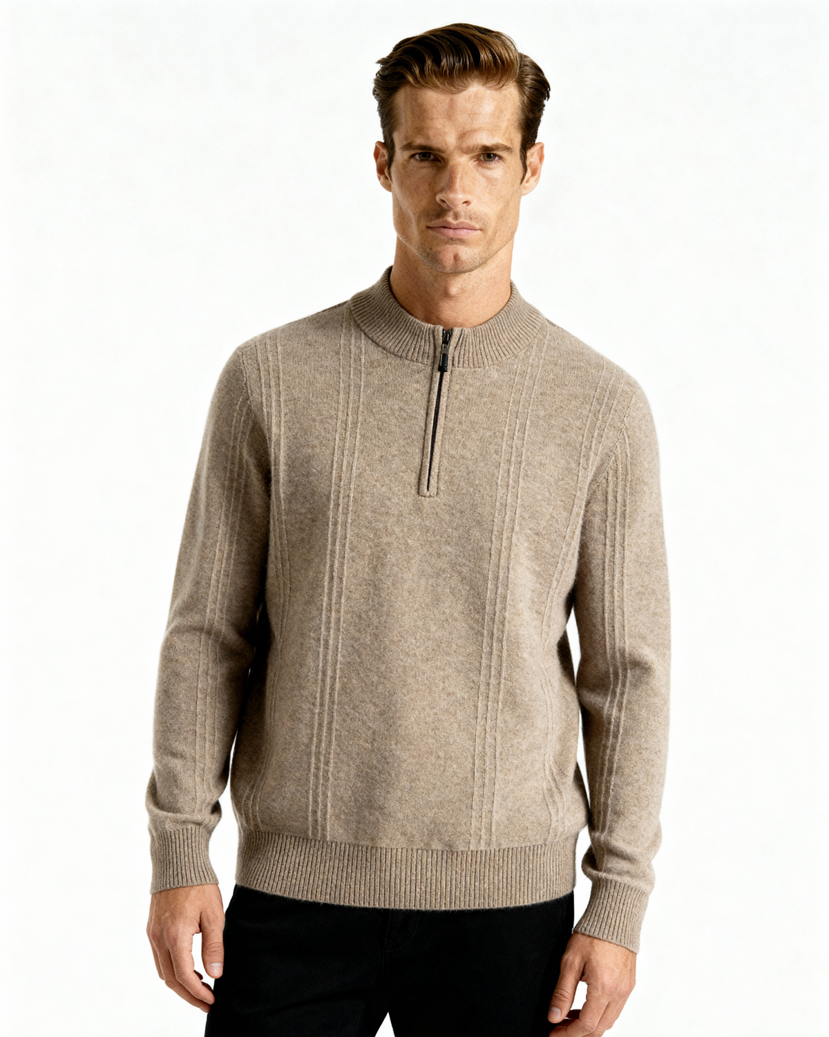 Men's Ribbed Cashmere Half-Zip Jumper with Stand Collar