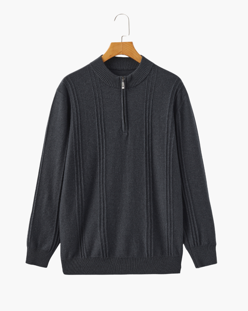 Men's Ribbed Cashmere Half-Zip Jumper with Stand Collar - Dark Grey