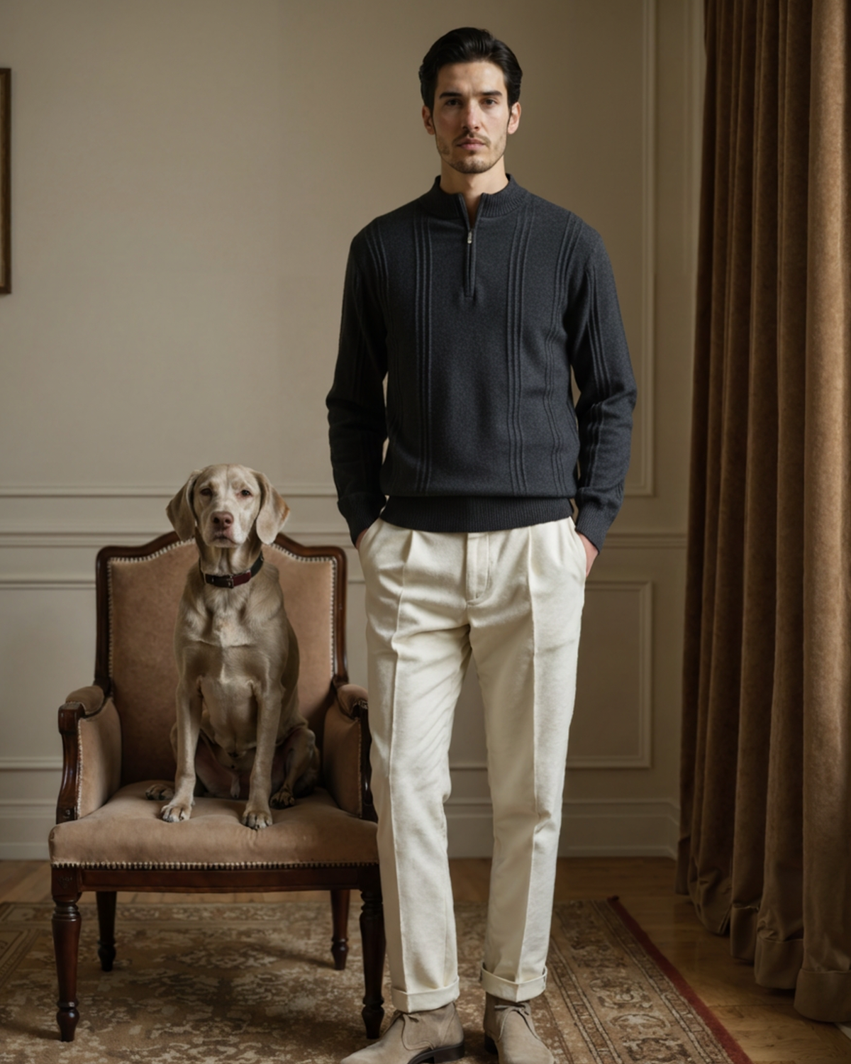 Men's Ribbed Cashmere Half-Zip Jumper with Stand Collar
