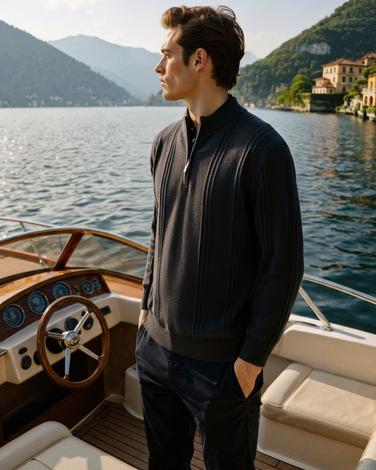 Men's Ribbed Cashmere Half-Zip Jumper with Stand Collar