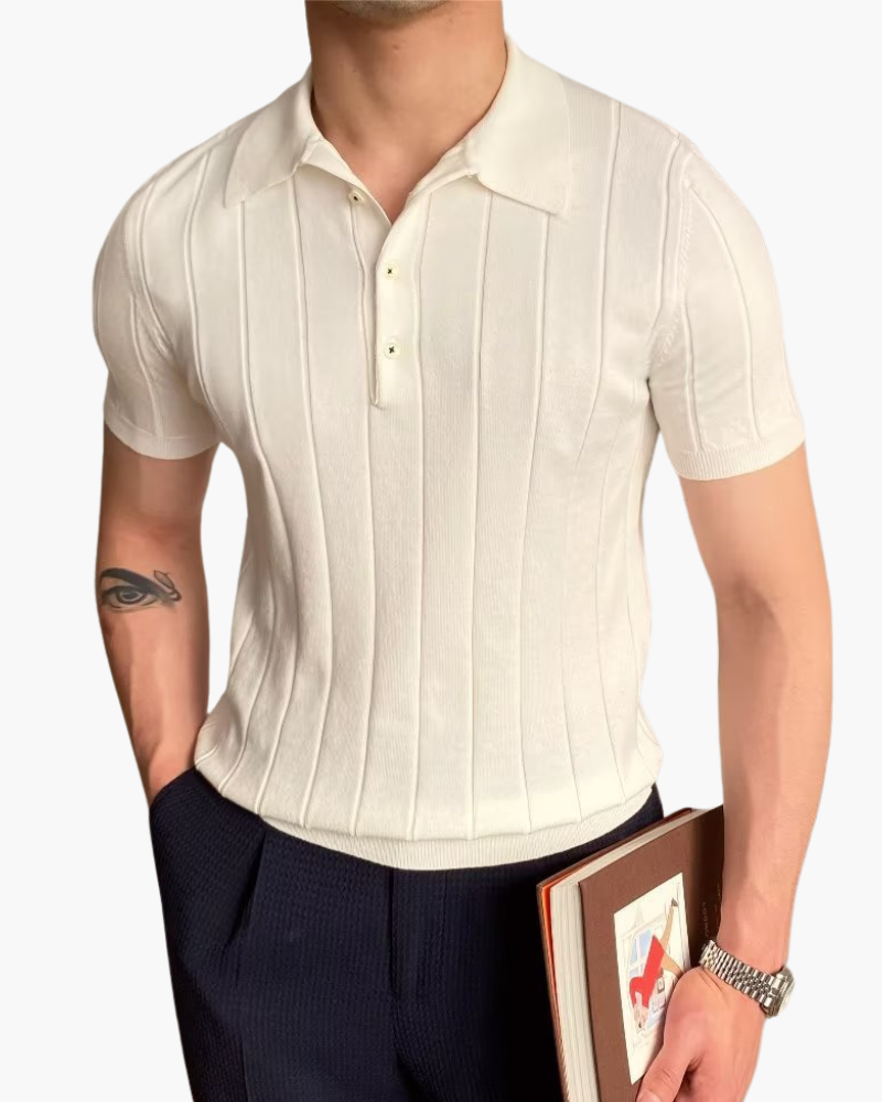 Men's Ribbed Cotton Polo with Three-Button Placket and Short Sleeves - White