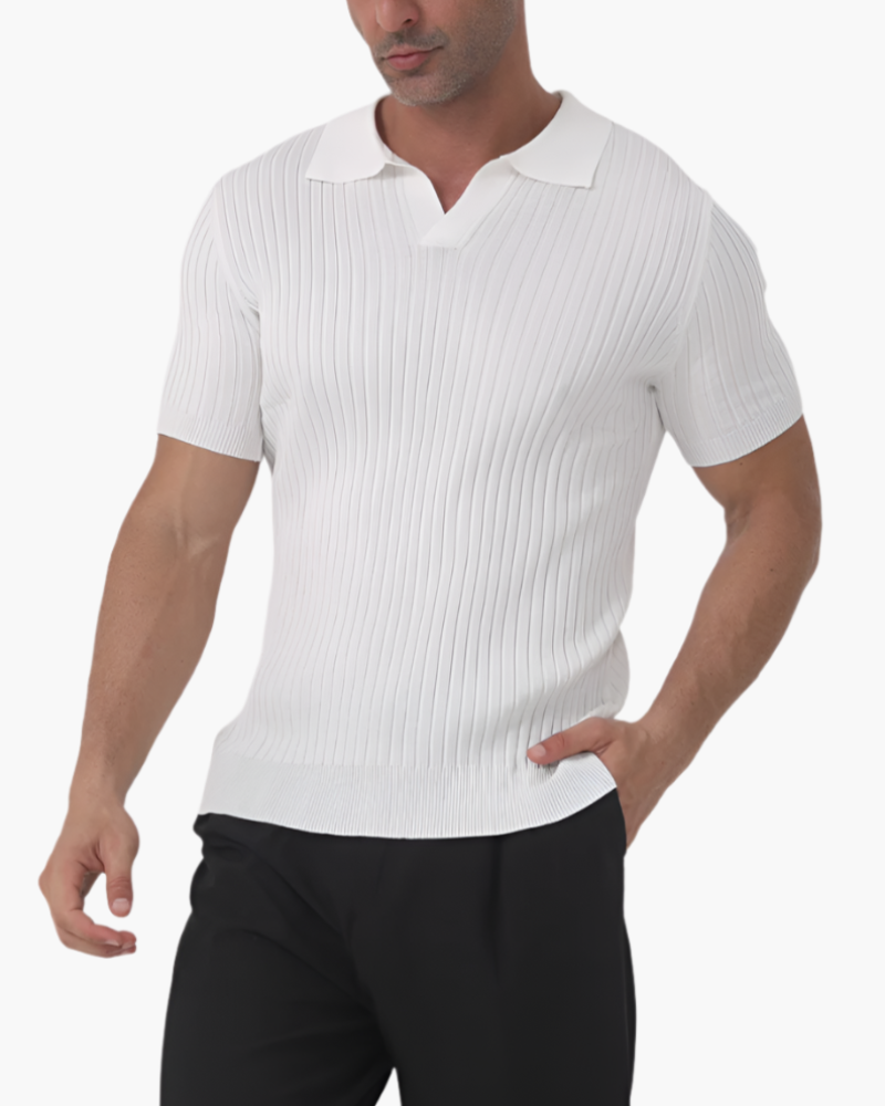 Men's Ribbed Johnny Collar Polo with Open Neck - White