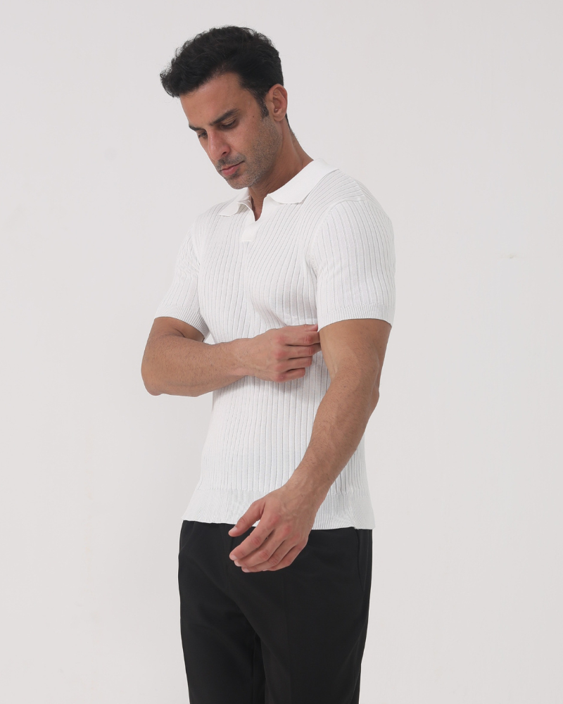 Men's Ribbed Johnny Collar Polo with Open Neck