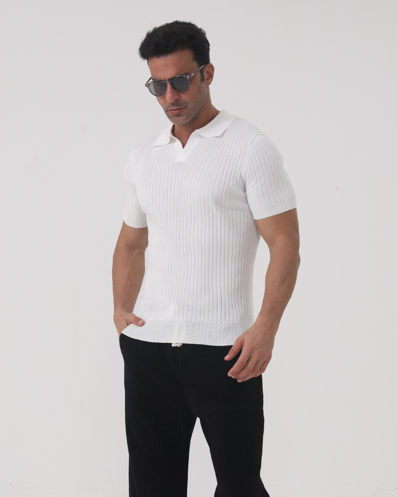 Men's Ribbed Johnny Collar Polo with Open Neck