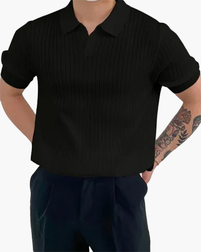 Men's Ribbed Johnny Collar Polo with Open Neck - Black