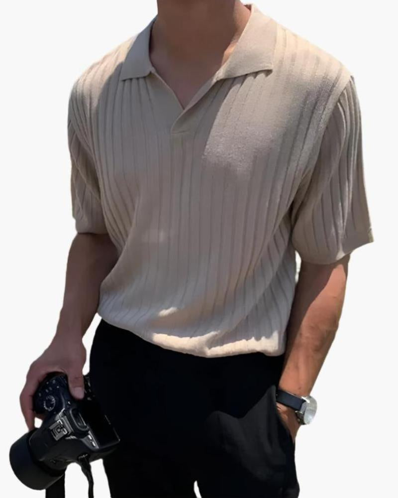 Men's Ribbed Johnny Collar Polo with Open Neck - Beige