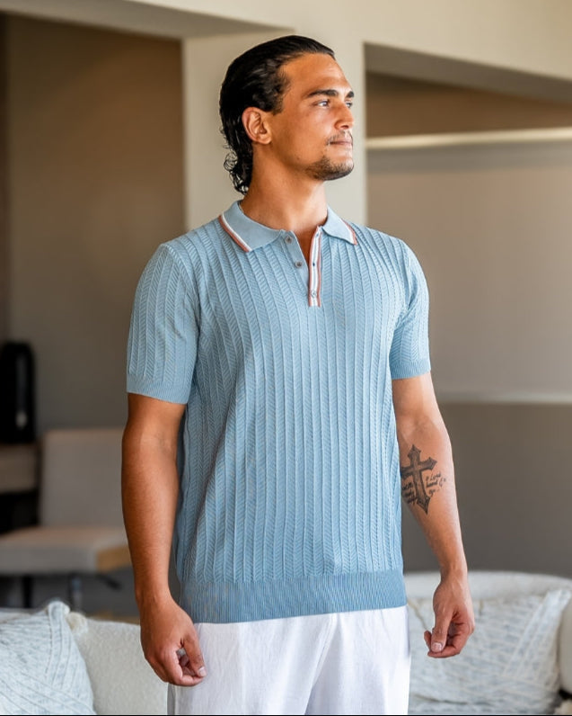 Men's Ribbed Knit Polo with Contrast Tipped Collar