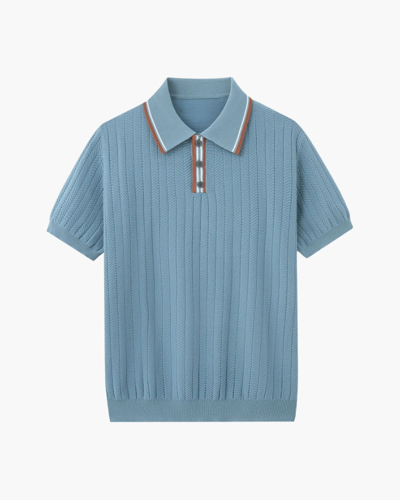 Men's Ribbed Knit Polo with Contrast Tipped Collar - Blue Grey