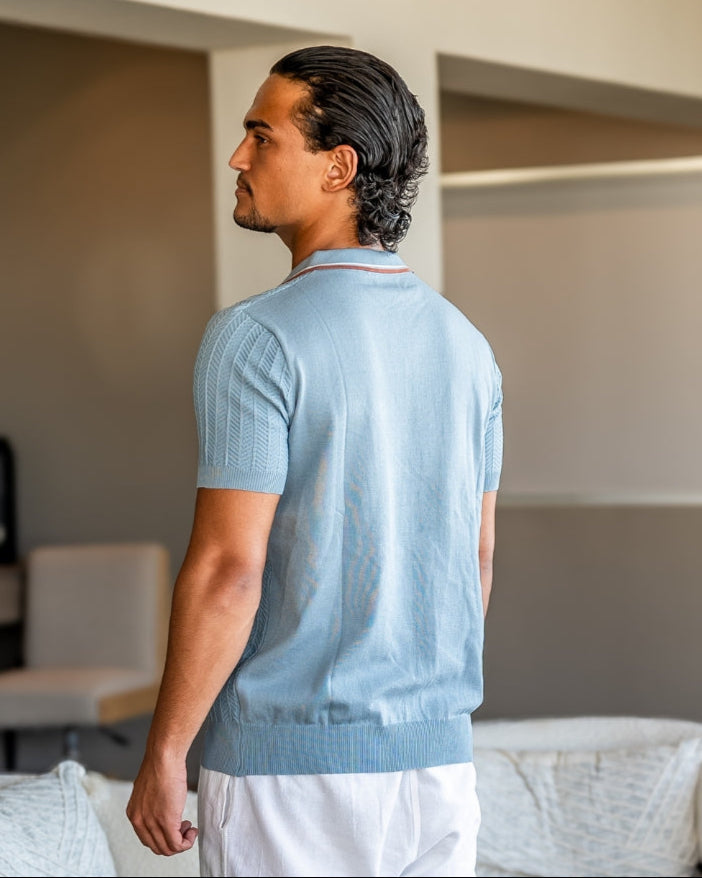 Men's Ribbed Knit Polo with Contrast Tipped Collar