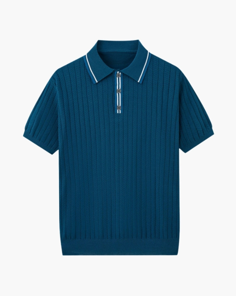Men's Ribbed Knit Polo with Contrast Tipped Collar - Blue