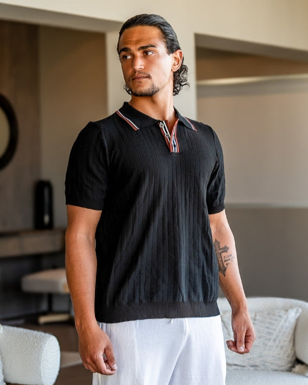 Men's Ribbed Knit Polo with Contrast Tipped Collar - Black