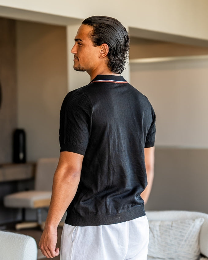 Men's Ribbed Knit Polo with Contrast Tipped Collar