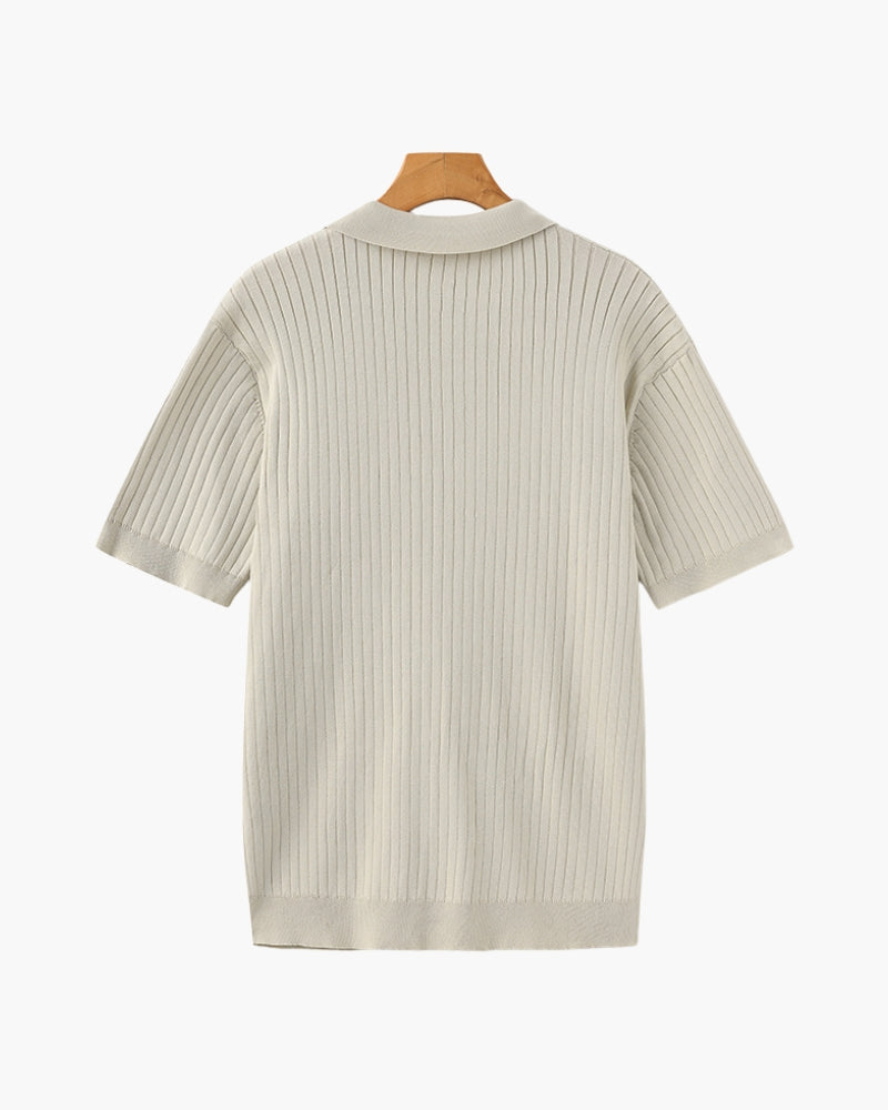 Men's Ribbed Knit Polo with Open Collar and Relaxed Fit