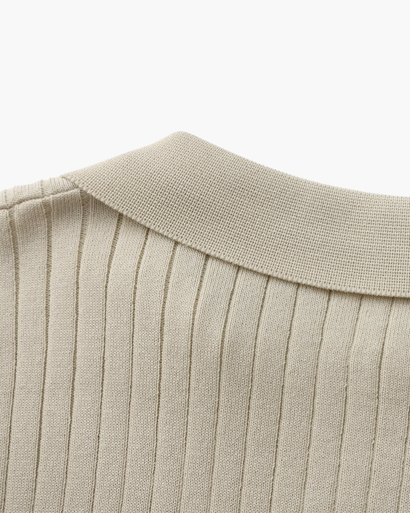 Men's Ribbed Knit Polo with Open Collar and Relaxed Fit