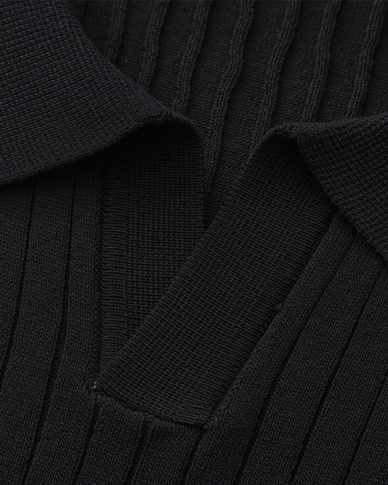 Men's Ribbed Knit Polo with Open Collar and Relaxed Fit