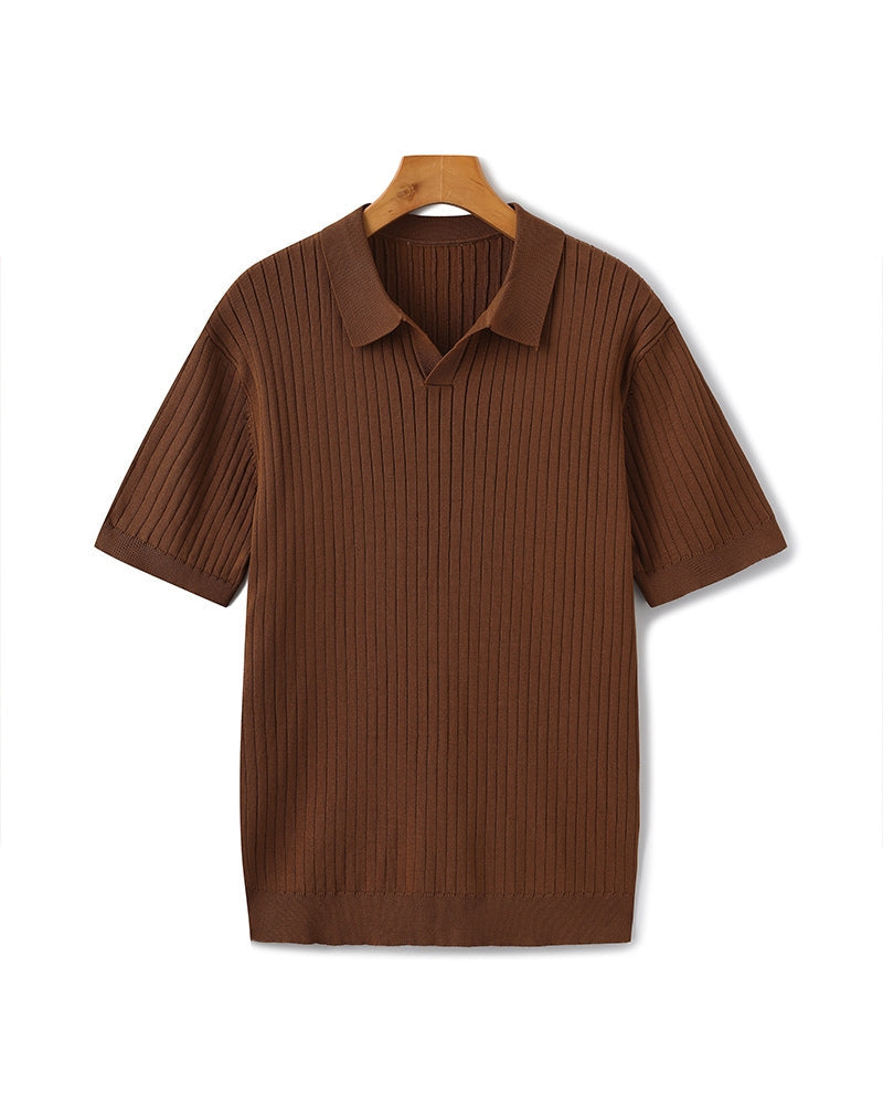 Men's Ribbed Knit Polo with Open Collar and Relaxed Fit - Brown