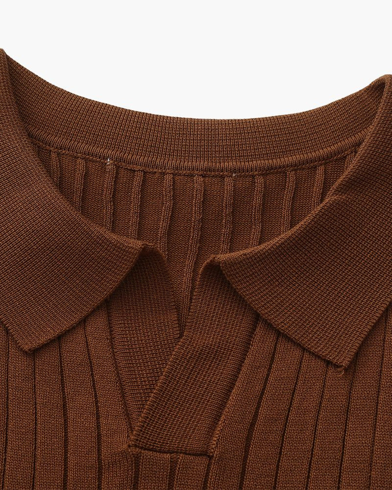 Men's Ribbed Knit Polo with Open Collar and Relaxed Fit