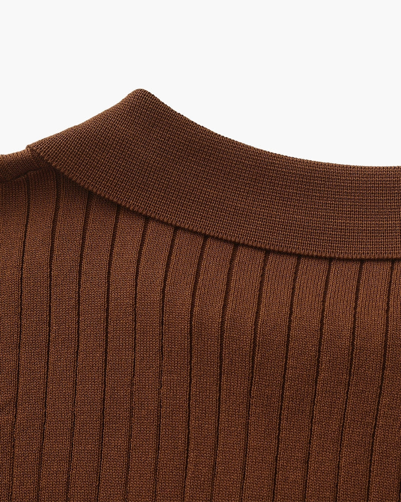 Men's Ribbed Knit Polo with Open Collar and Relaxed Fit