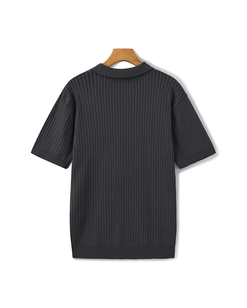Men's Ribbed Knit Polo with Open Collar and Relaxed Fit