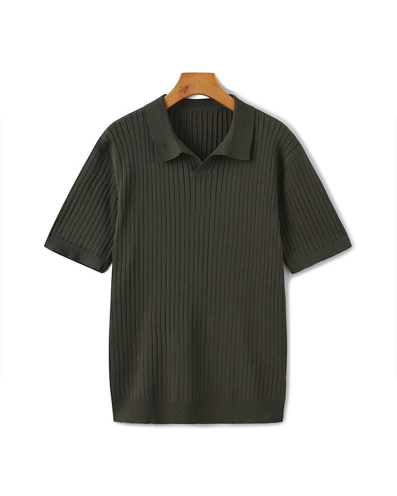 Men's Ribbed Knit Polo with Open Collar and Relaxed Fit - Green