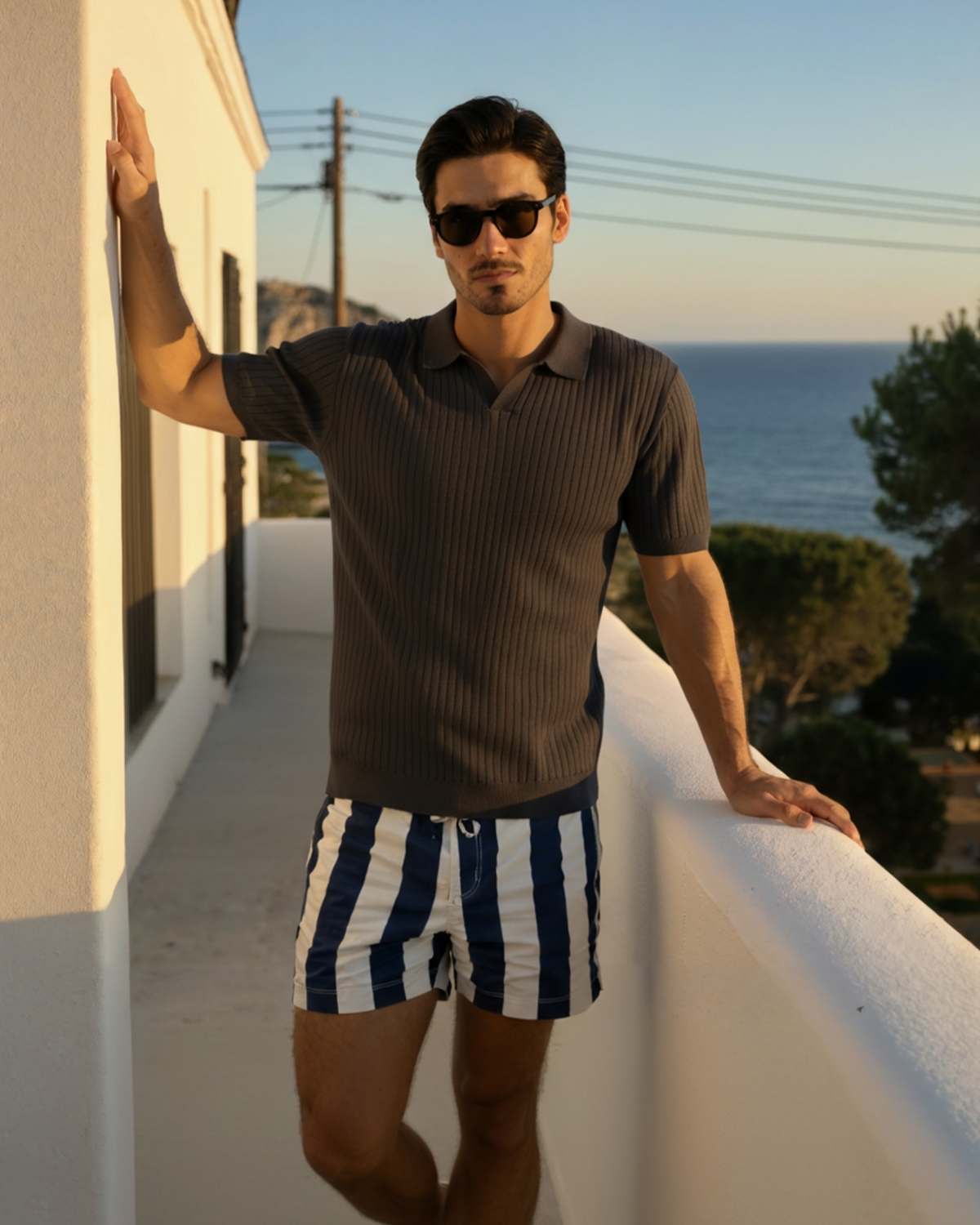 Men's Ribbed Knit Polo with Open Collar and Relaxed Fit
