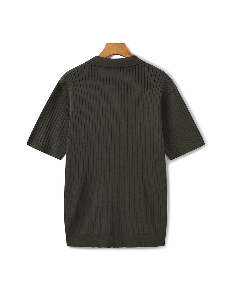 Men's Ribbed Knit Polo with Open Collar and Relaxed Fit