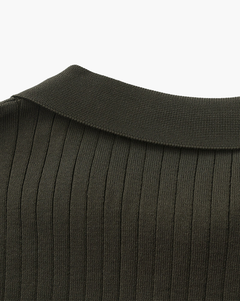Men's Ribbed Knit Polo with Open Collar and Relaxed Fit