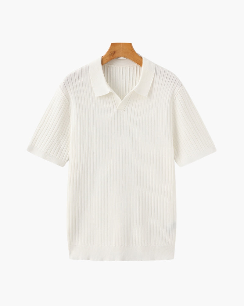 Men's Ribbed Knit Polo with Open Collar and Relaxed Fit - Ivory