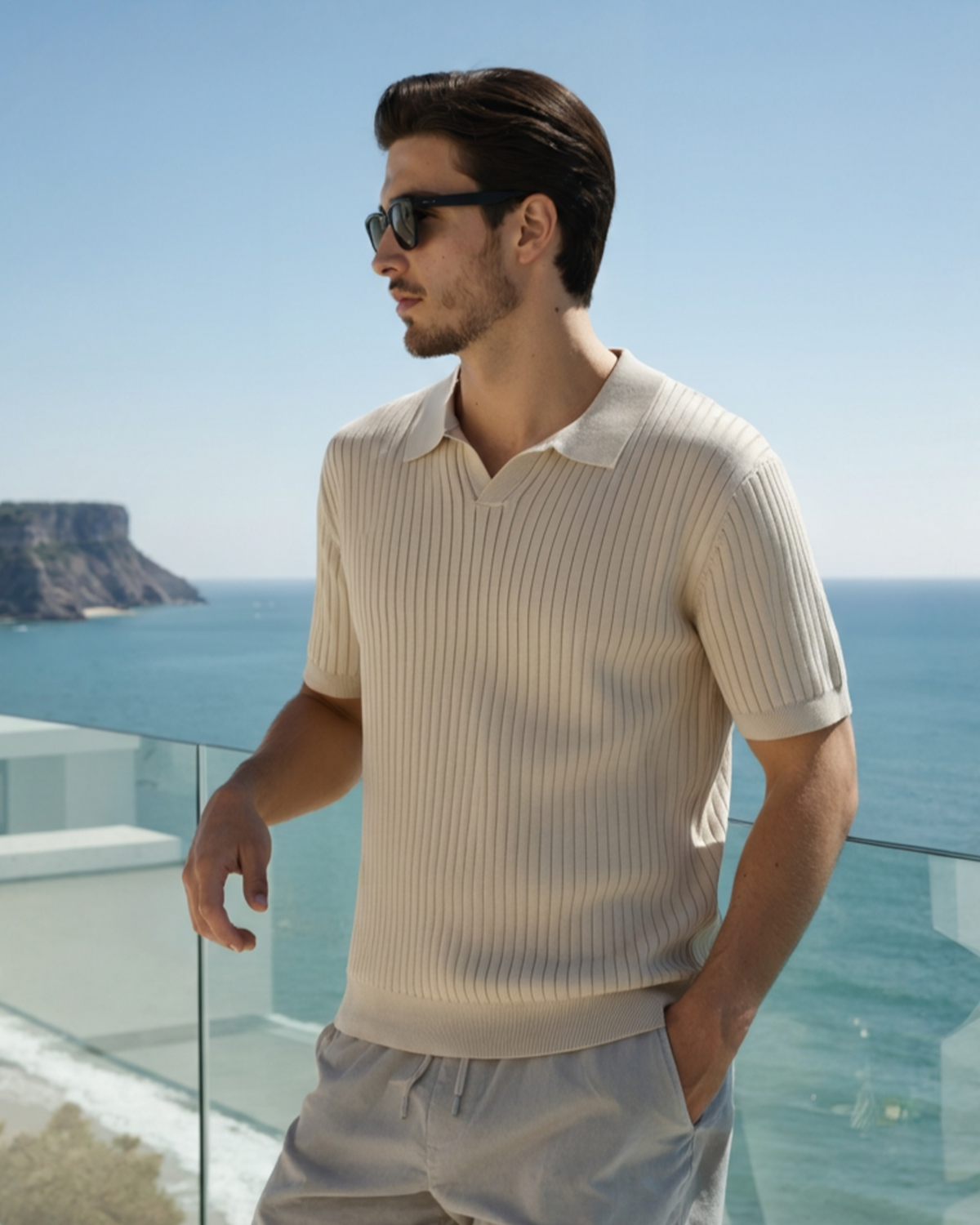 Men's Ribbed Knit Polo with Open Collar and Relaxed Fit