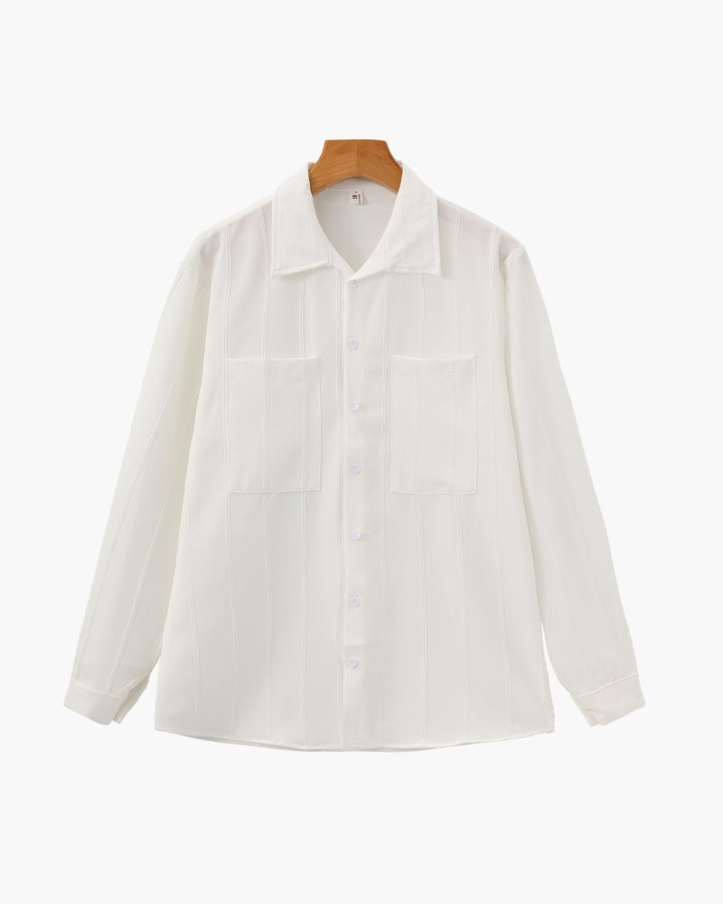 Men's Ribbed Long Sleeve Shirt with Chest Pockets and Button Front