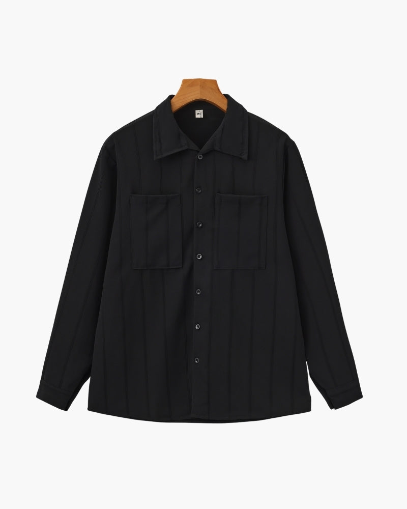 Men's Ribbed Long Sleeve Shirt with Chest Pockets and Button Front