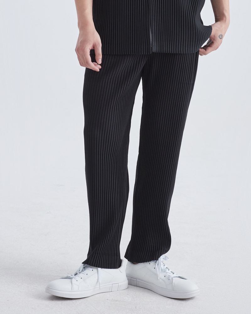 Men's Ribbed Wide Leg Trousers with Drawstring Waist - Black