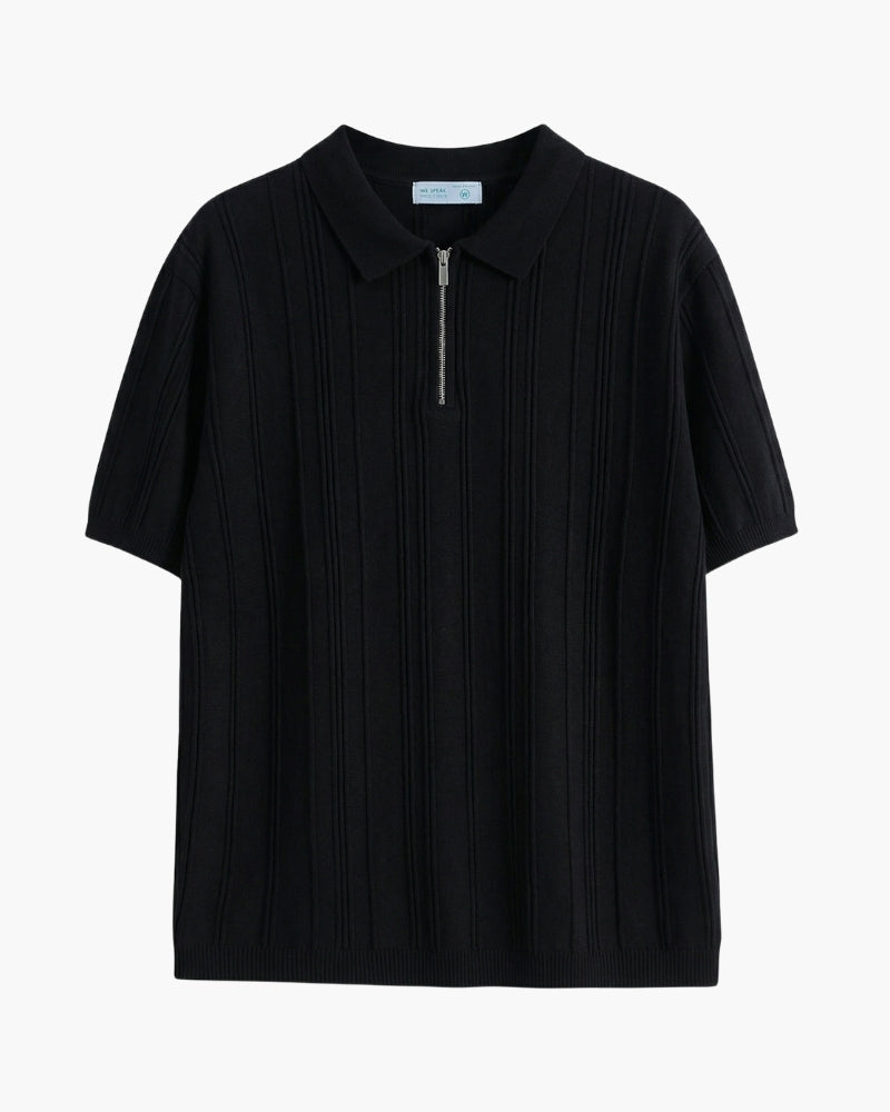 Men's Ribbed Zip Polo with Flat Collar and Short Sleeves - Black