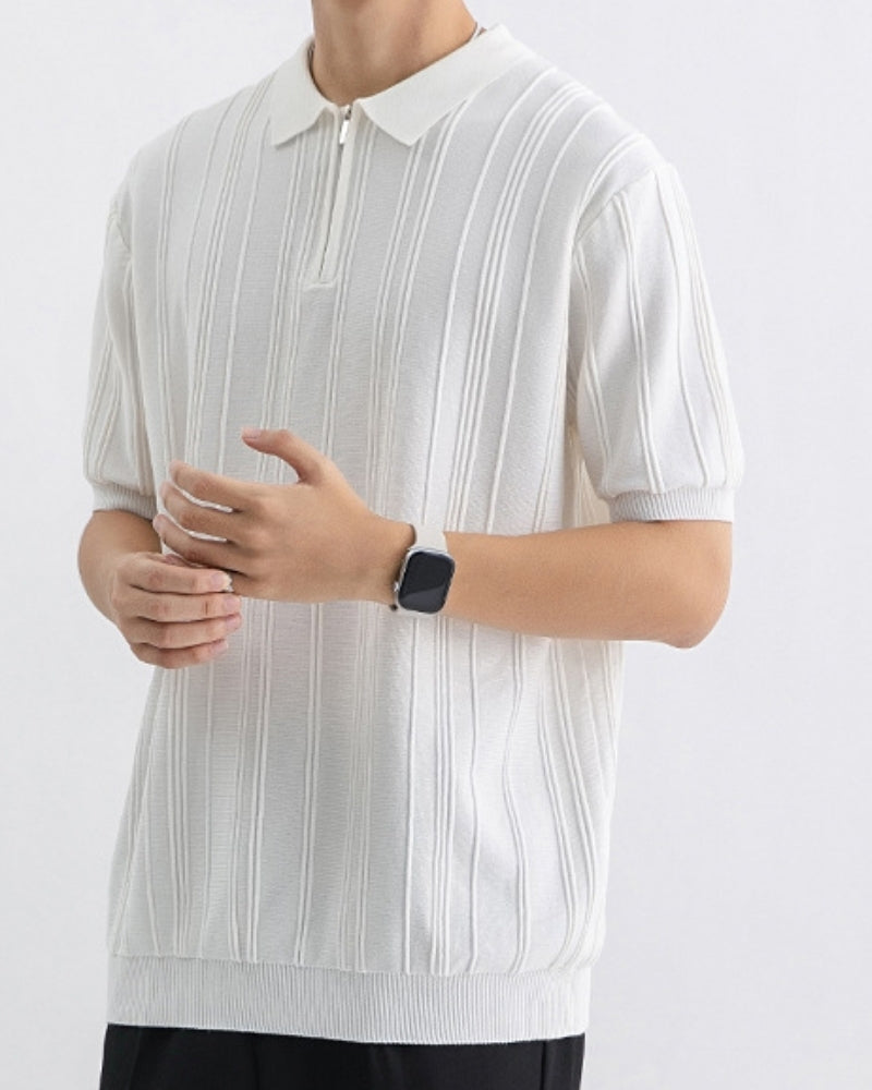 Men's Ribbed Zip Polo with Flat Collar and Short Sleeves - White