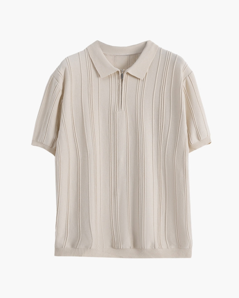 Men's Ribbed Zip Polo with Flat Collar and Short Sleeves - Beige