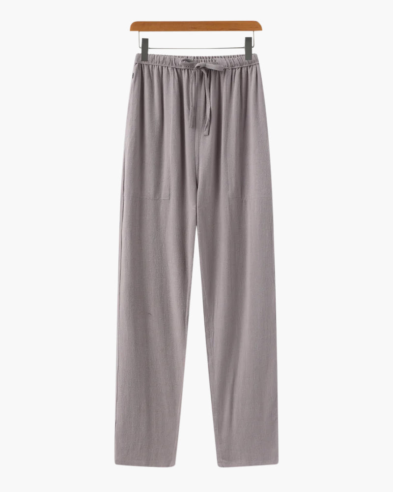 Men's Slim Fit Linen Trousers with Drawstring Waist - Grey