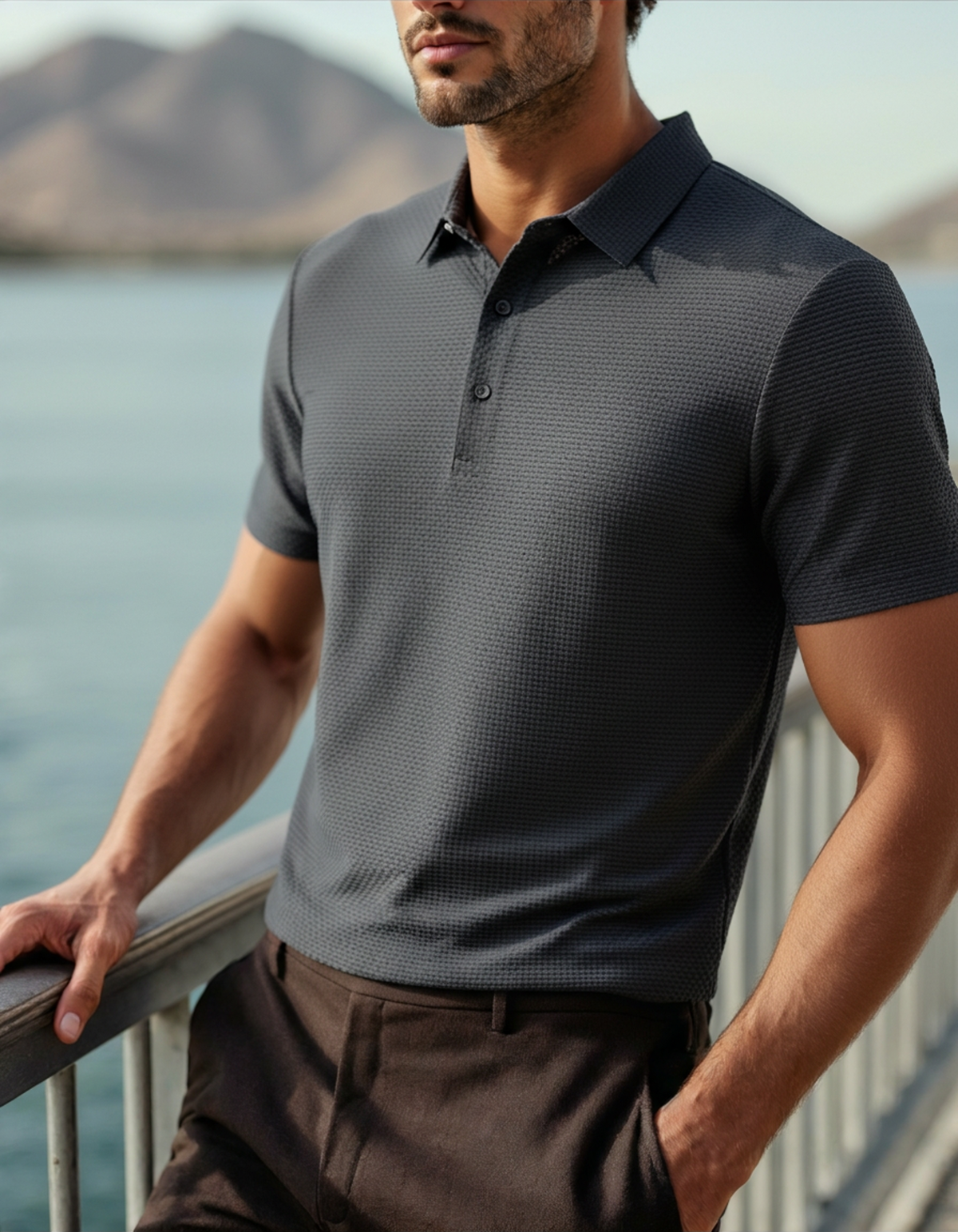 Men's Smooth Short Sleeve Polo with Two-Button Placket