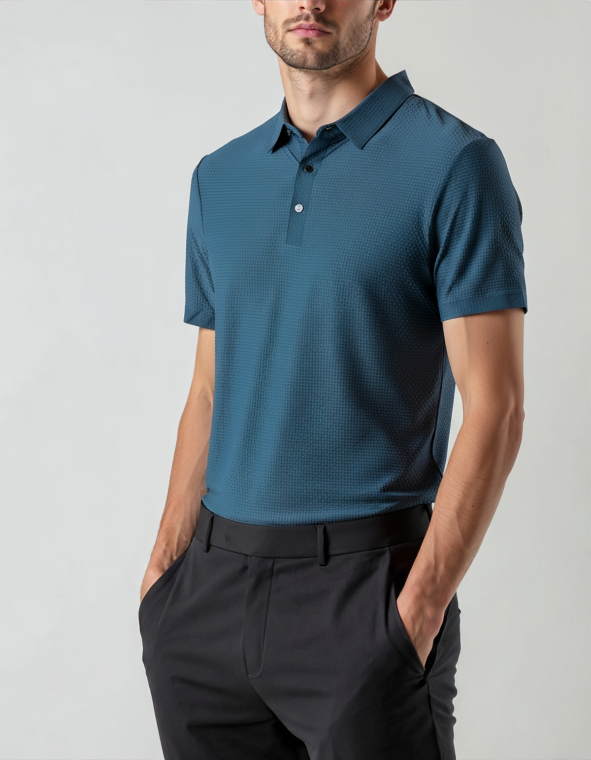 Men's Smooth Short Sleeve Polo with Two-Button Placket - Navy Blue